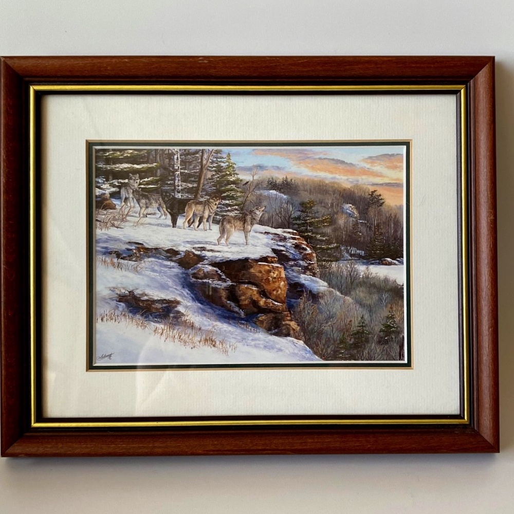 R.Colebrook Wolf Pack on Cliff Painting Framed Print Vintage Fine Art Wall Decor